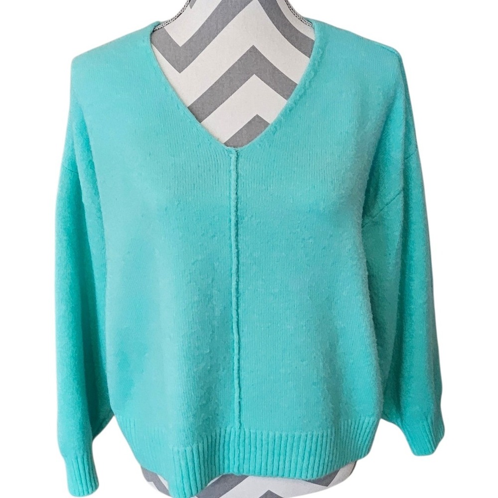 Vince‎ Camuto Womens V Neck Sweater Aqua Turquoise Blue Exposed Seam Size M